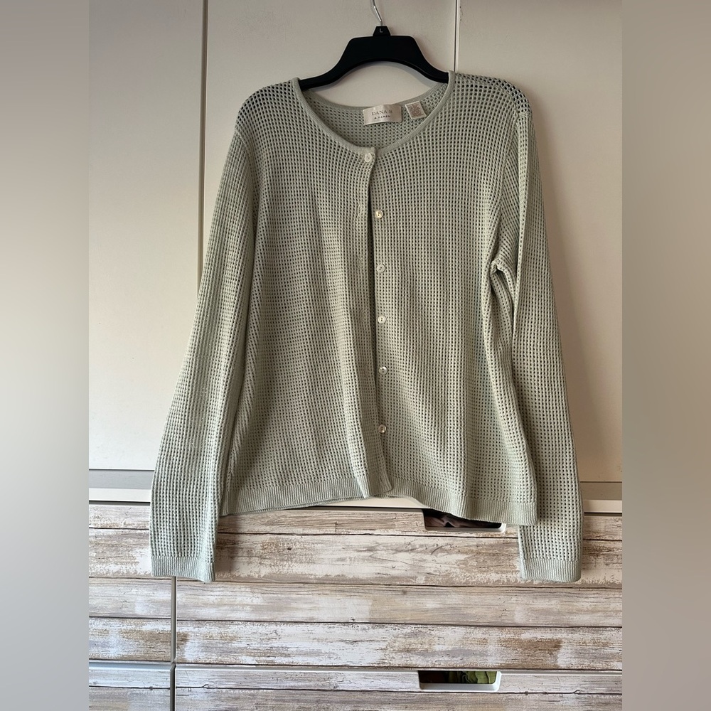💙 Dana B & Karen Grayish Blue Open Knit Button Front Cardigan Size L